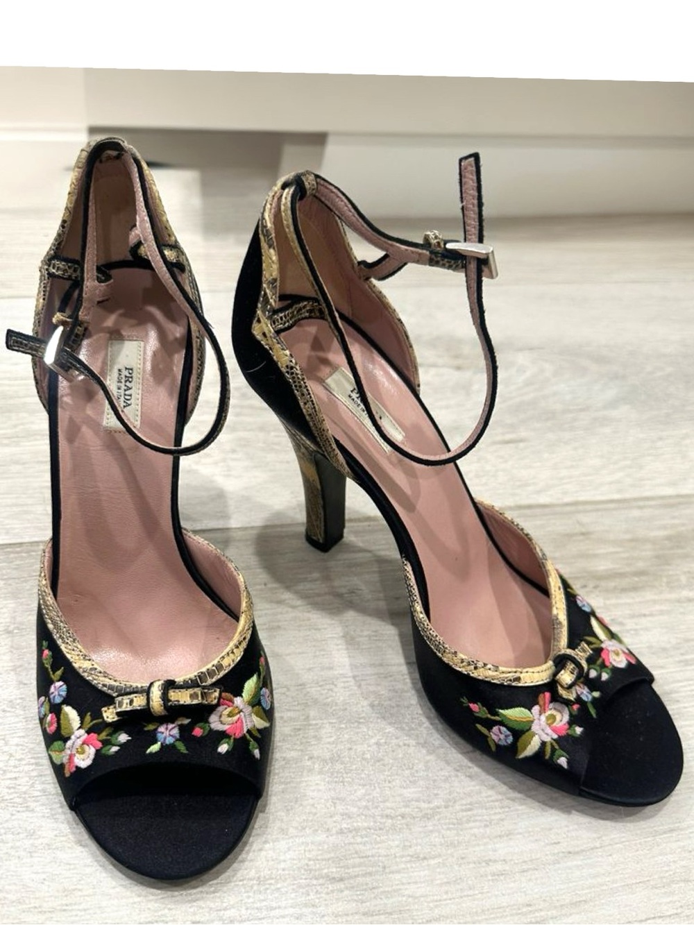 Prada Y2K Black Satin Floral Embroidered Peep Toe Ankle Strap  heels Python Trim